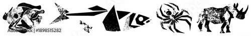 Stylized fish, spider, and rhino rendered as fragmented polygonal shapes, halftone textures, and bold, ideal for graphic design, print, or digital.