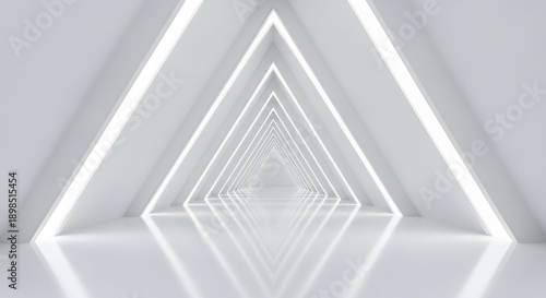 White bright triangular tunnel with glowing lights and reflective floor for abstract modern design background