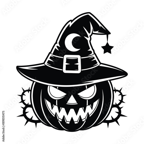 A spooky black witch s hat rests atop a menacing jack o lantern face