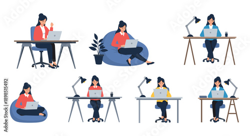 Set of diverse women working on laptops in different postures at desks and in bean bag chairs representing flexible work options.