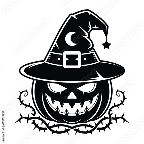 A spooky jack o lantern face integrated with a classic witch s hat