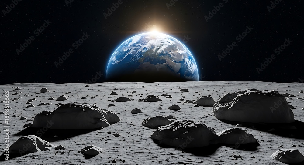 Fototapeta premium The Earth rises over the lunar surface with large rocks scattered across the foreground