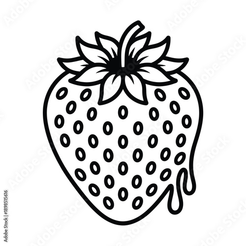 Simple black and white illustration of a single stylized strawberry