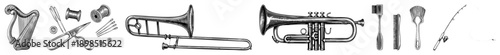 Collection of harp, trumpet, trombone, scissors, spools, brushes, comb, fishing rod classic tools and instruments rendered in detailed art, ideal for design or illustration projects.