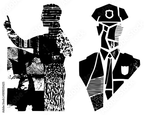 Bold black shapes, halftone textures, fragmented geometry protester with sign vs. uniformed officer, conveying tension.
