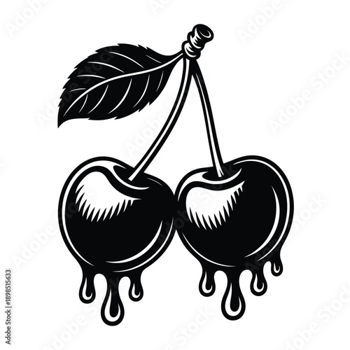 Two dark cherries with dripping juice and a single green leaf