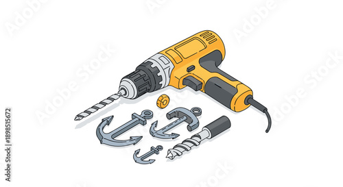 Yellow cordless power drill displayed with various metal drill bits and wall anchors for home improvement and construction projects.
