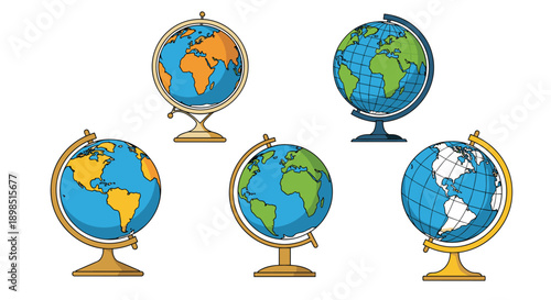 Collection of five different educational globes on stands representing world geography and earth sciences for school learning.