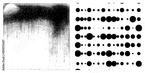 Black and white halftone gradient with dripping effect, paired with organized rows of varying sized circles, minimalist vector design, graphic art composition.