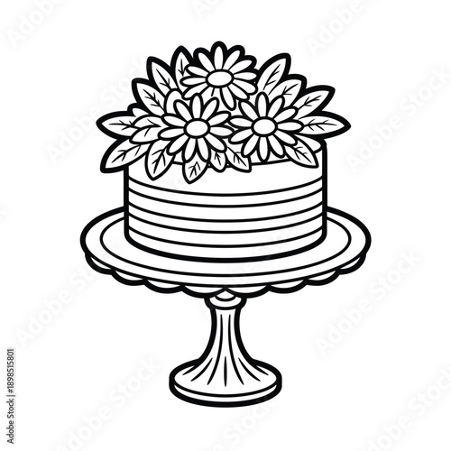 A black and white illustration of a decorated cake on a stand