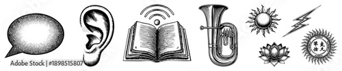 Classic halftone vector symbols including speech bubble, ear, open book with Wi Fi, tuba, sunburst, lotus flower, and circular seal., engraved style, isolated foreground elements.