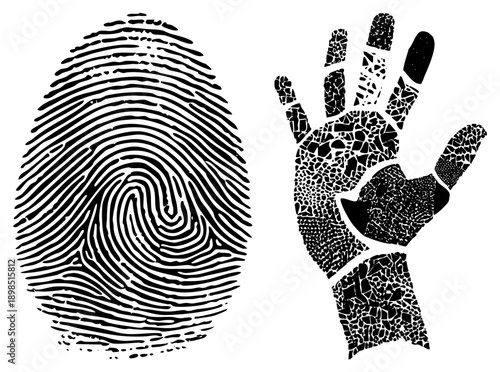 Biometric identification symbols rendered as mosaic, fingerprint swirls and handprint, forensic science, digital security graphics, black and white vector art.