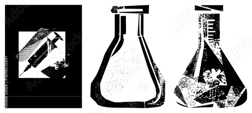 Graphic representation of lab equipment including syringe and flasks, rendered in bold black and white halftone, ideal for science themed branding or educational materials.
