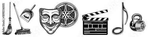 Classic broom and dustpan, theatrical comedy/tragedy masks, film reel, clapperboard, musical note, 1 ton kettlebell all in vector art. Stage, cinema, and fitness symbols.