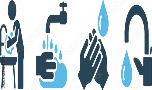 Hand washing and hygiene icon set with faucet, soap, water drops and cleaning symbols for health, sanitation and personal care isolated on white background vector