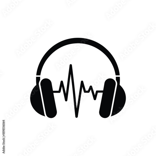 Black headphones icon with sound wave graphic minimalist design
