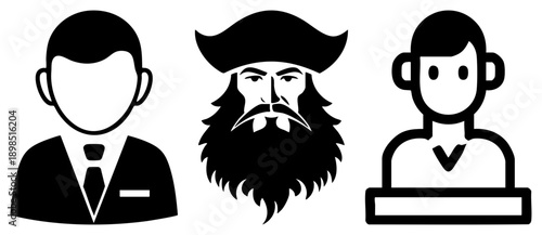 Vector of male figures businessman, bearded pirate, gamer avatar, minimalist design, flat silhouette, user profile symbols, digital character.