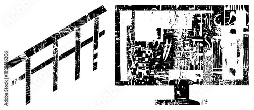 Bold black and white vector art with angular stairs and chaotic fragments, halftone & glitch textures perfect for graphic or digital art.