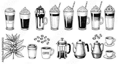 Vintage coffee drinks and equipment sketch set, latte cappuccino glass mugs beans and brewing tools vector illustration collection