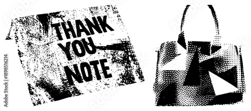 Vintage style halftone printed thank you note card and tote bag, distressed texture, retro graphic design, black and white vector art.