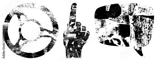 Distressed black vector steering wheel, pointing hand, abstract mask. Grunge texture,, isolated symbols for UI or graphic design.