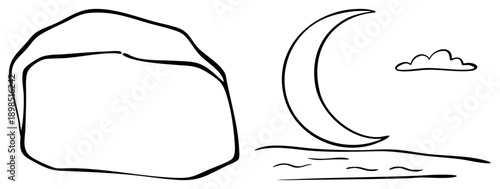 Night scene with large rock beside water, moon above, small cloud, minimalist, serene nocturnal landscape, vector illustration.