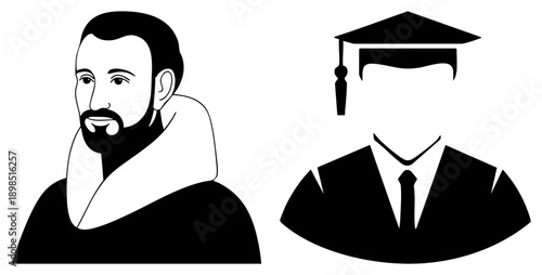 Academic figures, scholar and graduate, educational, student and professor, black vector, academic achievement symbols, isolated portrait.