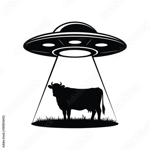 A black silhouette of a cow being abducted by a flying saucer