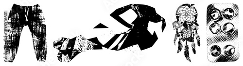 Graphic vector featuring textured pants, fragmented human form, dreamcatcher ornament, and halftone pill pack all isolated,, stylized, and abstract.