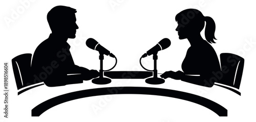 Silhouette illustration of a man and woman depicting a podcast or radio broadcast for media