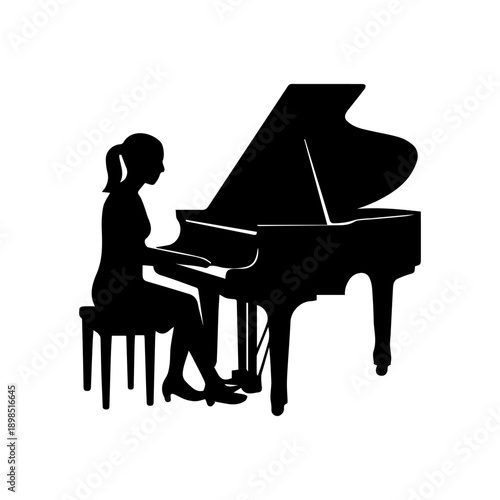 Female pianist playing grand piano musical performance silhouette