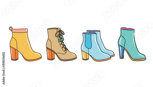 A set of colorful high-heeled boots on a white background