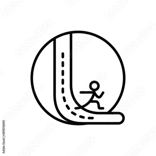 Simple line drawing depicts a person on an escalator ascending