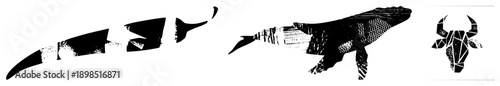 Stylized whale, shark, and bull heads rendered as fragmented vector shapes, halftone textures, and bold black forms, ideal for graphic design or branding.