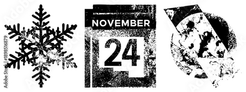 Grunge snowflake, November 24th calendar page, distressed globe, vector art, holiday or date themed design elements.