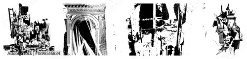 Fragmented cityscape, architectural fragments, urban decay motifs, black and white vector art, stylized building forms, graphic cityscape, abstract.