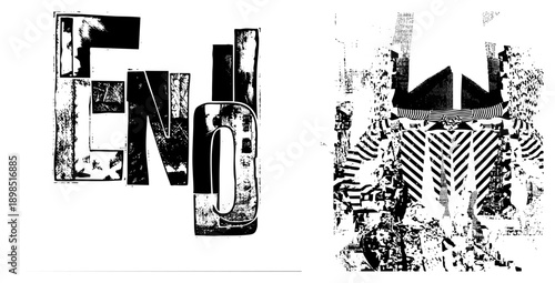 Graphic word "END" rendered in fragmented, textured letterforms with halftone and striped, abstract typography, glitch art, vector design.