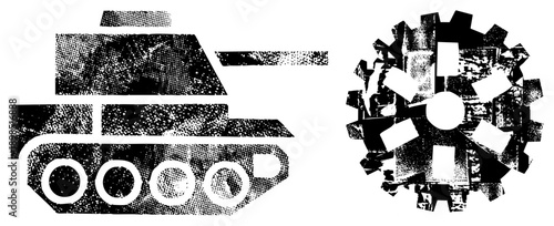 Retro styled tank and gear rendered in halftone dot, mechanical design, industrial vector art, black and white graphic, mechanical components.