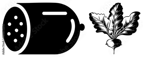 Graphic design featuring a sander tool and beetroot, stylized with bold and intricate leaf, ideal for print or digital.