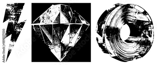 Distressed black and white vector lightning bolt, faceted diamond, spiral coil. Graphic design elements with gritty texture,, bold shapes, isolated symbols.