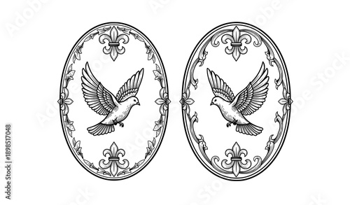 Elegant oval medallions with doves and fleur de lis borders vector illustration