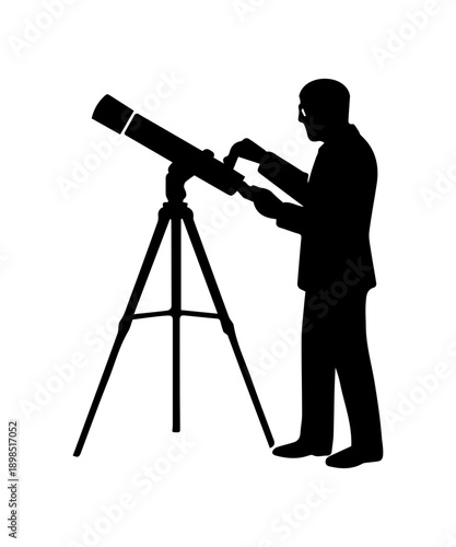 Man observing stars with astronomy telescope silhouette