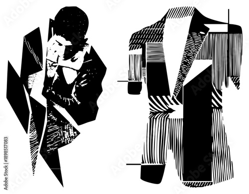Stylized black and white vector illustration of a man in bowler hat and suit, fragmented with geometric shapes and halftone textures, modern graphic design.