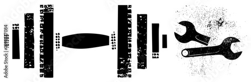 Vector graphic featuring stylized wrenches and rectangular bars with halftone dot textures, minimalist design, industrial theme, isolated foreground elements.