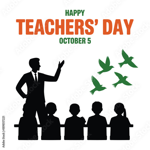 Happy teachers day illustration with a teacher and students in silhouette