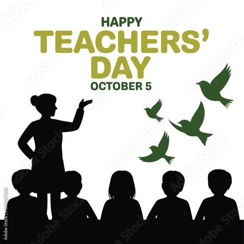 Happy teachers day illustration with a teacher and students silhouetted