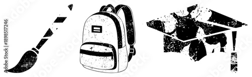 Vector of paintbrush, school backpack, and graduation cap with distressed texture, design, educational and creative symbols, isolated elements.