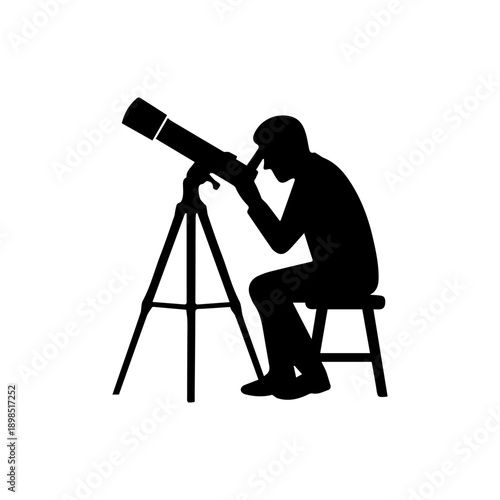 Man observing stars with astronomy telescope silhouette