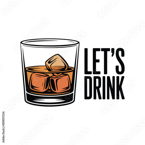 Vintage style illustration of whiskey in a glass with ice cubes
