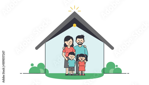 Happy family standing together in front of their new home feeling joyful and content with their family
